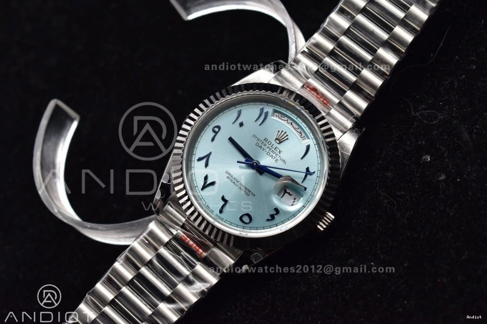 Arabic Blue 904L Dial Bracelet V2 on Markers SS A3255 President DayDate 40 Iced GMF Steel 1126